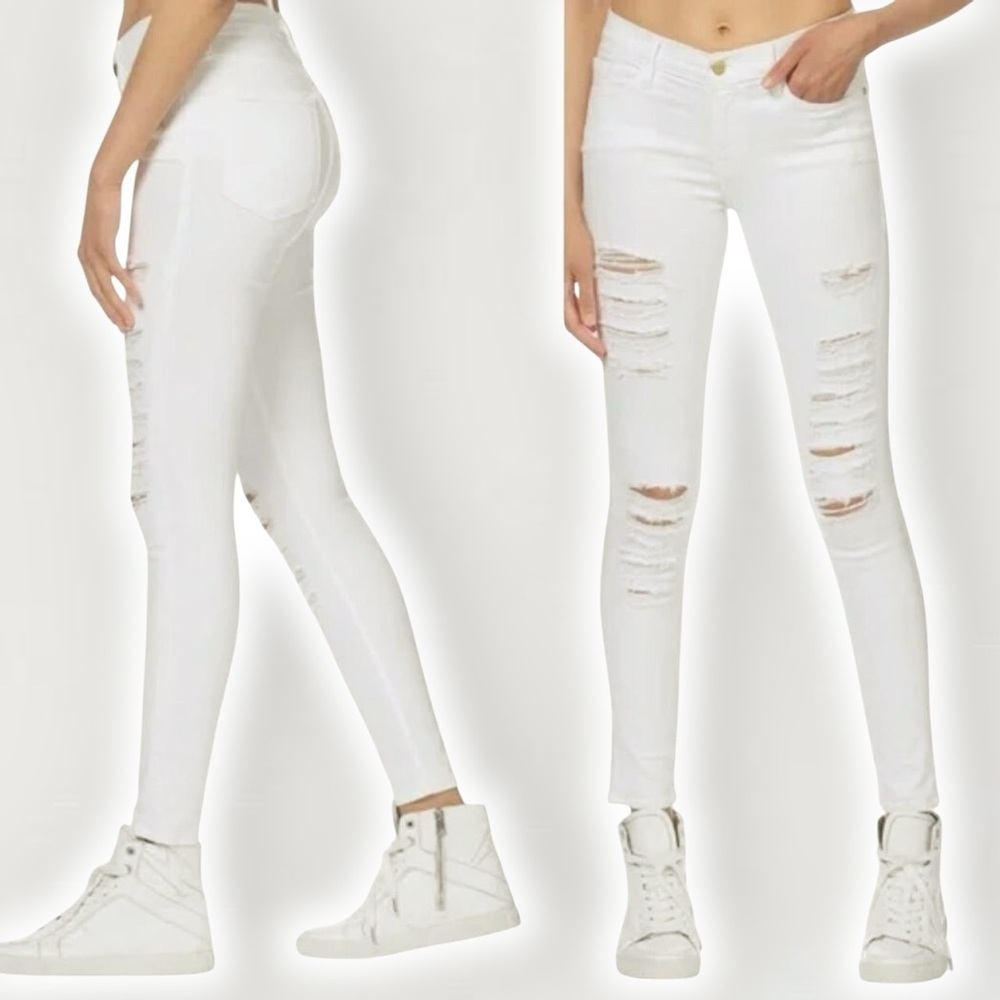 Frame Denim Distressed Le Skinny De Jeanne Skinny Jeans in “Blanc” White Size 26